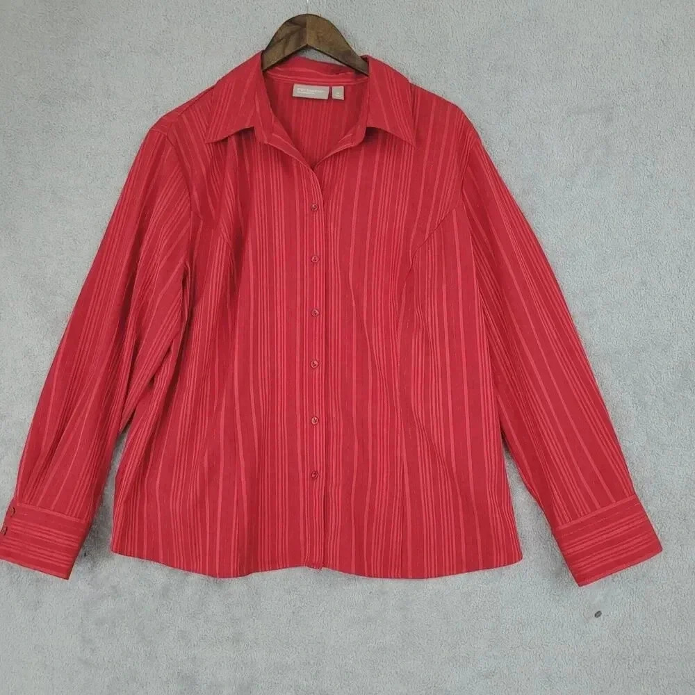 Croft & Barrow Womens Stretch Red Striped Button-Up Shimmer 1X 1PT